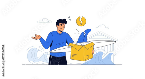 Man struggling with financial crisis, shark fin emerging from box, economic downturn concept