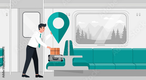Man with luggage placing location pin inside train carriage, travel concept