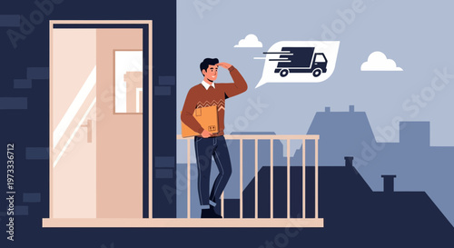 Man waiting for delivery on balcony, looking out for truck with package
