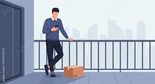 Man with smartphone and package on balcony with city skyline background