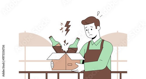 Man worried about broken bottles in delivery box, delivery accident concept