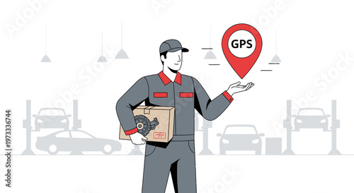 Mechanic holding car part and GPS pin, car service and navigation concept