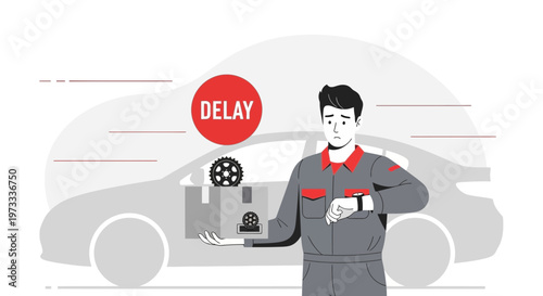 Mechanic with package and car, checking watch, delay sign, logistics concept