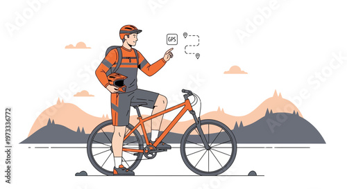 Mountain biker using GPS navigation on smartphone, planning route on scenic trail
