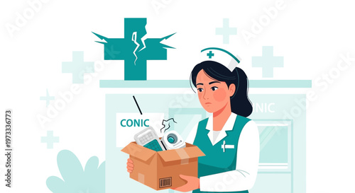 Nurse carrying box of medical supplies from damaged clinic with broken cross symbol