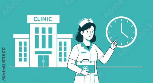 Nurse checking time near clinic building, medical care and health concept