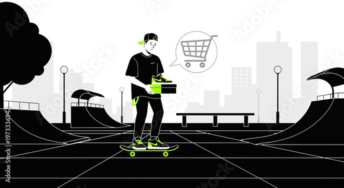 Skater buys new sneakers online, shopping cart icon, urban park background