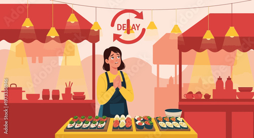 Street food vendor waits for customers with sushi and rolls at a market stall