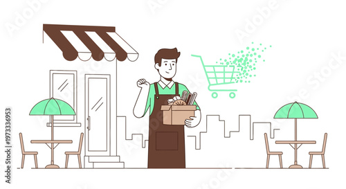 Smiling shopkeeper with groceries in basket, shopping cart, and city skyline