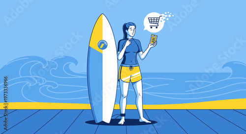 Surfer girl with smartphone shopping online at the beach, surfing lifestyle concept