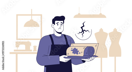 Tailor holding damaged fabric, distressed, with sewing machine and mannequins in background