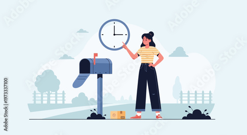 Woman checking clock near mailbox with package, time sensitive delivery concept