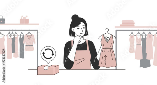 Woman choosing dress in clothing store, thinking about online shopping and returns