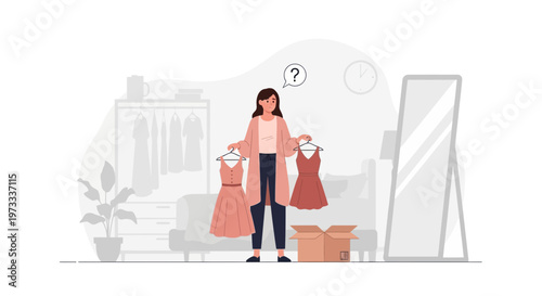 Woman choosing between two dresses, indecisive, fashion dilemma, wardrobe choice