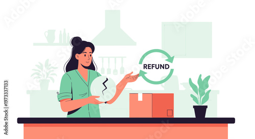 Woman holding broken item near refund package, online shopping return concept