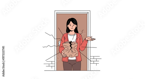 Woman holding broken object, cracked wall, concept of damage, crisis, and emotional distress