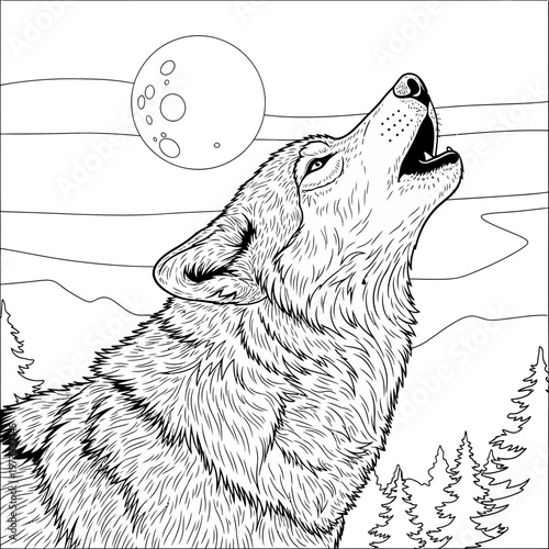 A wolf howling at the moon in a forest