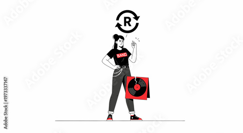 Woman holding broken vinyl record with copyright symbol overhead