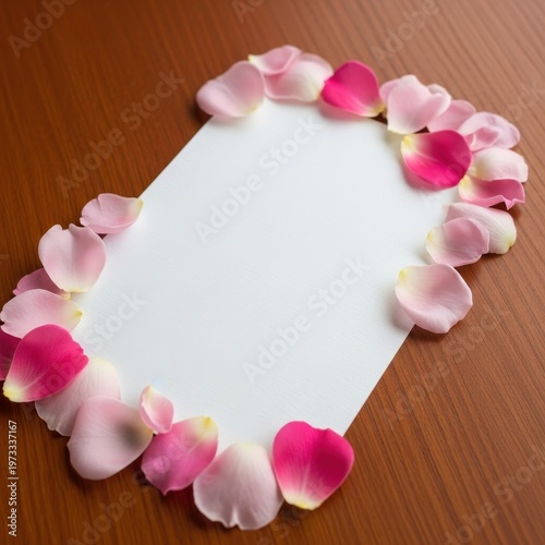 Blank Card with Pink and White Rose Petals on Wooden Table.