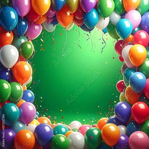 Vivid, colorful balloons frame a vibrant green backdrop, festive streamers and confetti add cheer. A celebration-themed, joyful image