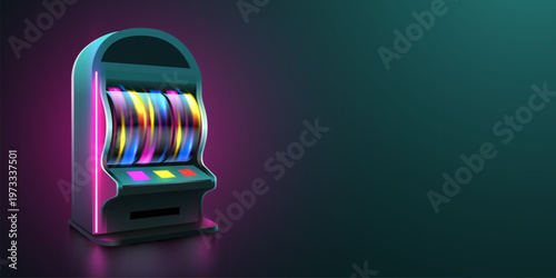 Glowing neon slot machine with spinning reels on a dark gradient background. Vector illustration