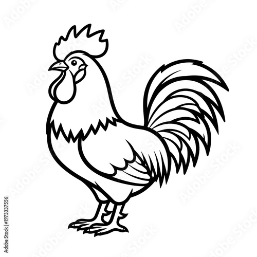 A black line drawing of a rooster