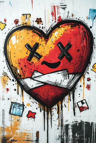  Comic-style cracked heart with cartoon bandage and expressive street-art texture.