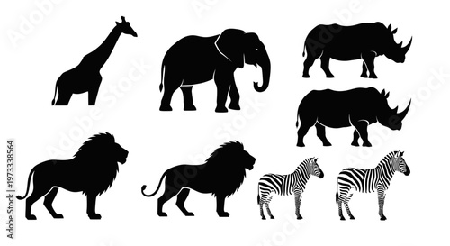 African Safari Animal Silhouettes Set with Lion Elephant Rhino Zebra and Giraffe Vector Illustration