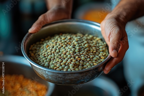 Artistic close-up of hands holding a handful of green lentils above a metal bowl.