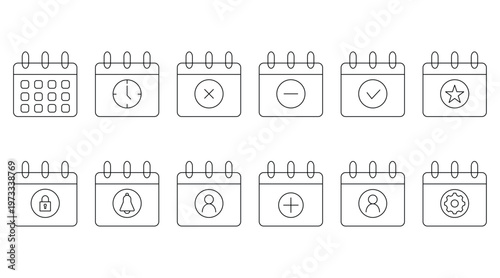 Web Calendar Line Icons . Date UI Pack
Event Schedule Planner Minimal Vector Icon Set
Calendar App Interface Reminder Icon Collection