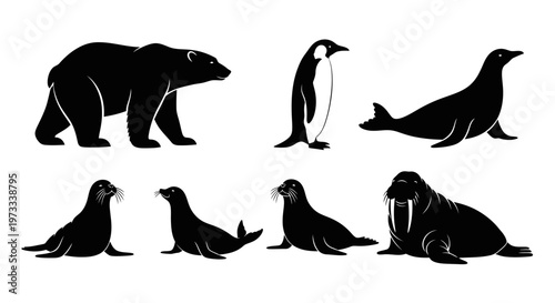 Arctic and Antarctic Wildlife Silhouettes Set Polar Bear Penguin Seal Walrus Vector Graphic