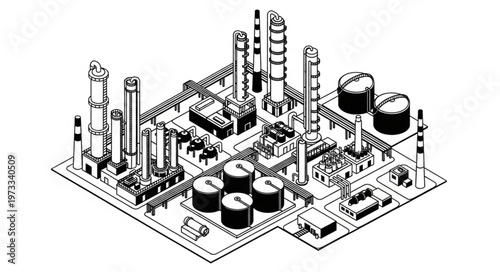Isometric industrial refinery plant illustration with tanks towers and pipes.