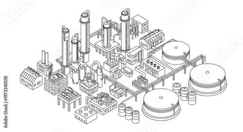 Isometric industrial refinery plant illustration showing storage tanks.