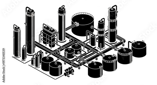 Isometric industrial refinery plant with storage tanks and towers.