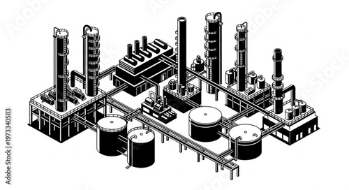 Isometric Industrial Oil Refinery Petrochemical Plant Illustration.