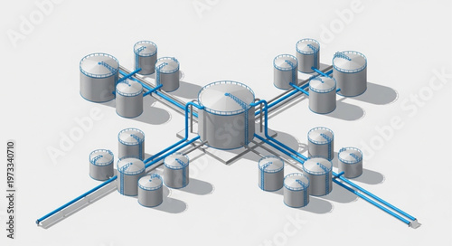 Isometric industrial storage tank network with interconnected pipelines.