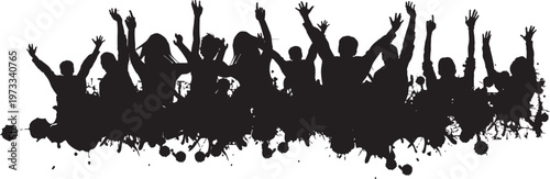 Silhouette of a crowd celebrating: A dynamic black silhouette of a crowd celebrating, with arms raised in jubilation, conveying a sense of unity, energy, and shared excitement. 