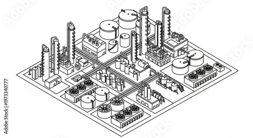 Isometric industrial refinery and factory complex illustration.
