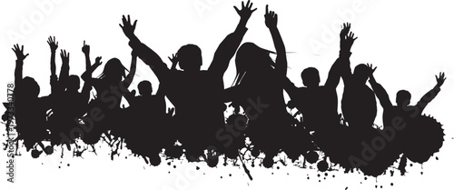 Celebration Silhouette: A group of individuals silhouetted against a lively background, arms raised in unified jubilation. Capture the dynamism, exuberance, and collective spirit of the occasion.