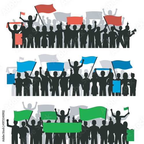 Unified Protest Silhouette: Silhouette of a large, diverse group of people marching in protest, each holding banners and flags, symbolizing unity and collective action for a cause. 