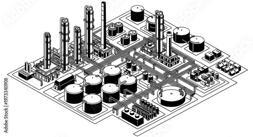Isometric Industrial Refinery Complex Illustration Model.