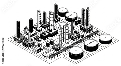 Isometric Industrial Refinery Complex Illustration Showing Plant.