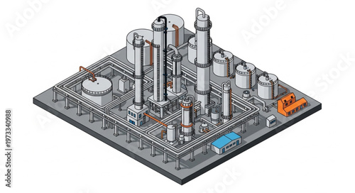Isometric Industrial Refinery Complex Model Illustration.