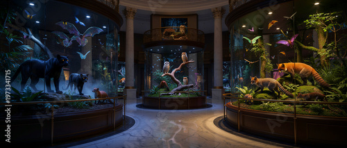 Captivating museum dioramas showcase a diverse collection of highly detailed, realistic nocturnal and forest animals, including sleek black panthers, wise owls, cunning foxes, and vibrant