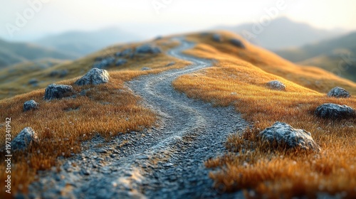 Golden Grassy Hillside Path Illuminated by Warm Sunlight with Distant Hazy Mountains and Rocky