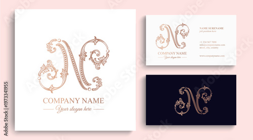 Logo monogram letter N in refined ornamental style. Clean elegant logotype for personal brand, business and corporate identity.