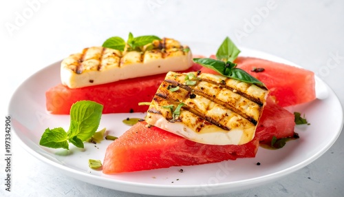 Appetizing plate presents vibrant watermelon slices accented by grilled cheese, garnished with fresh basil, creating a light summery dish