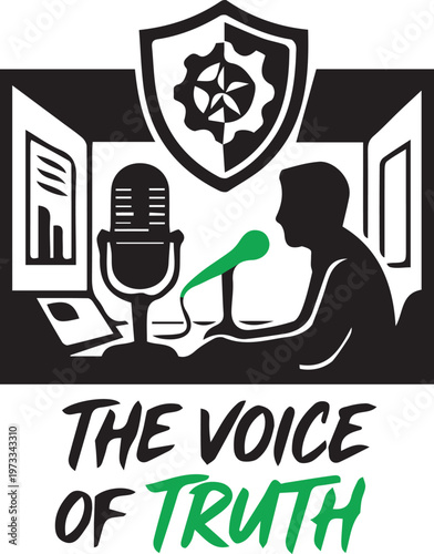 The Voice of Truth: A stark silhouette captures the essence of broadcast journalism, with a microphone and a computer. The graphic highlights truth, communication, and the power of information.