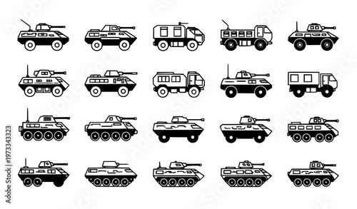 Military Armored Vehicle Icon Set Featuring Tanks, Combat Cars, and Tactical Transport Units in Outline and Solid Styles for Army and Defense Design
