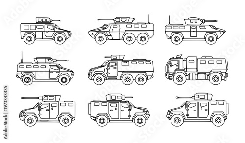 Military Armored Truck and Combat Vehicle Icon Set with Tactical Transport Units and Defense Equipment Outline Vector Collection for Army and Security Design